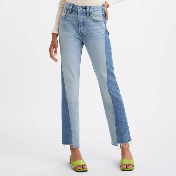 Levi’s 501 Two-Tone Patchwork Jeans W25 L30 High Rise Straight Leg Raw Hem Y2K - Picture 1 of 16